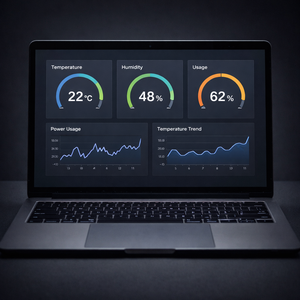 Laptop with simple dashboard gauges and trends