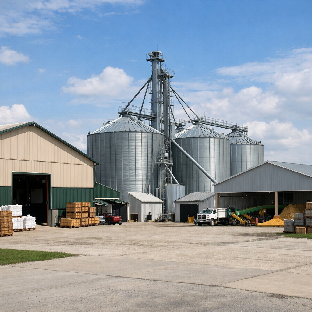 Several large metal grain silos with attached machinery and surrounding storage buildings on a farm