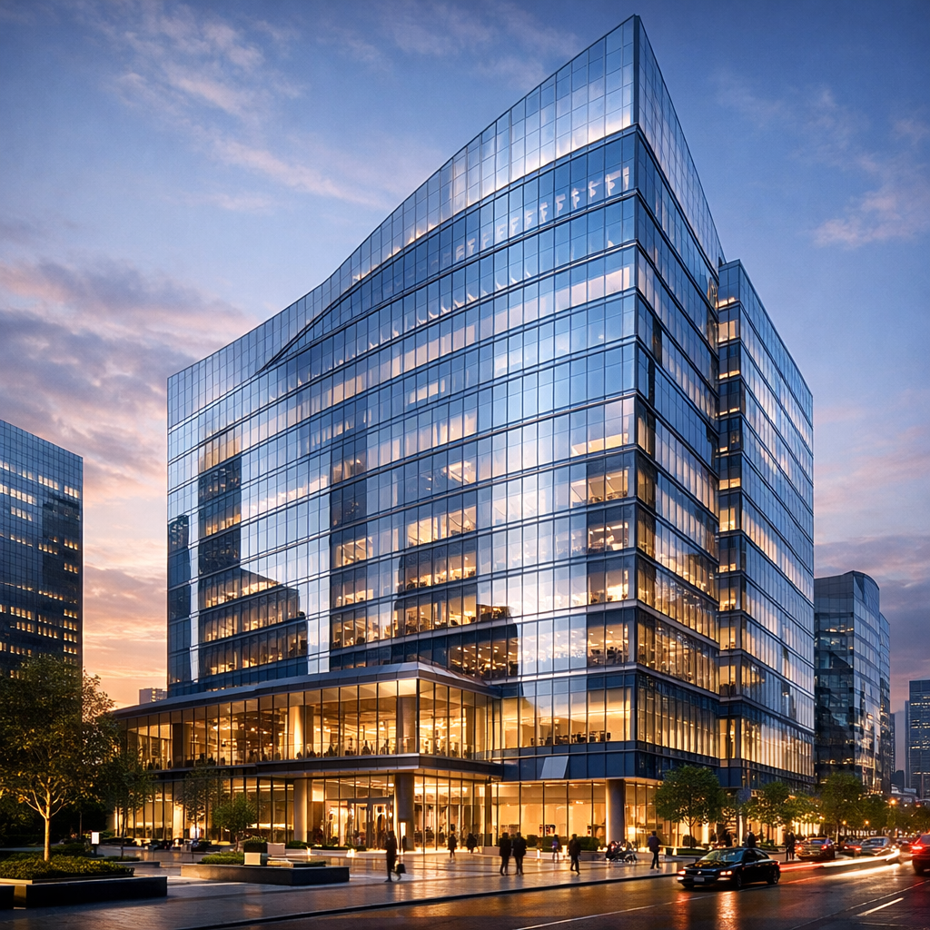Large modern office building with glass exterior lit from inside at dusk