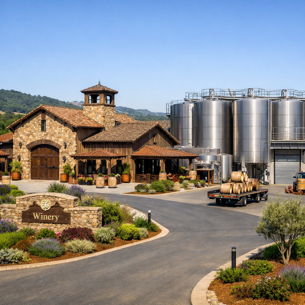 Winery building with stone facade and wooden features next to large stainless steel fermentation tanks